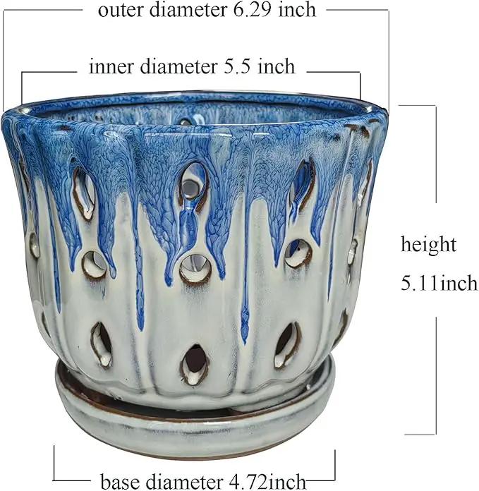 Ceramic Orchid Pot with Drainage Hole 6'' Orchid Planter (Blue Cover White) by GreenHaven Gardens