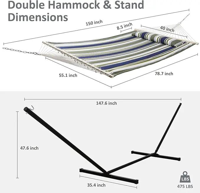 SUNCREAT Double Hammock, Extra Large Quilted Fabric Swing with Hardwood Spreader Bars & Detachable Pillow, Heavy Duty, Perfect for Indoor/Outdoor Patio, Deck, Yard, Blue&Aqua by GreenHaven Gardens