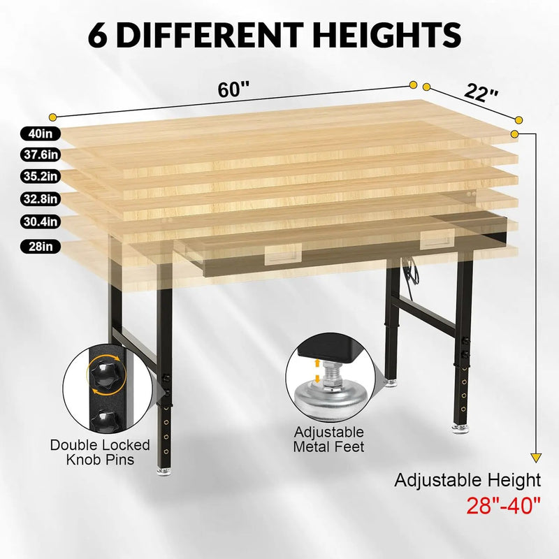 60" Workbench for Garage with Drawers Rubberwood Tabletop Work Table with Pegboard, Power Outlets Adjustable Height Work Bench for Office, Woodworking Shop, Home by GreenHaven Gardens