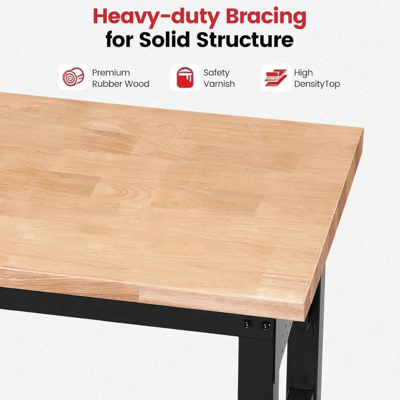 Workbench with Wheels 60 x 22 Heavy Duty Rubberwood Tabletop Work Bench Adjustable Height Garage Work Table with Under Table Shelf, Sided Pegboard, Power Outlets for Home Office by GreenHaven Gardens