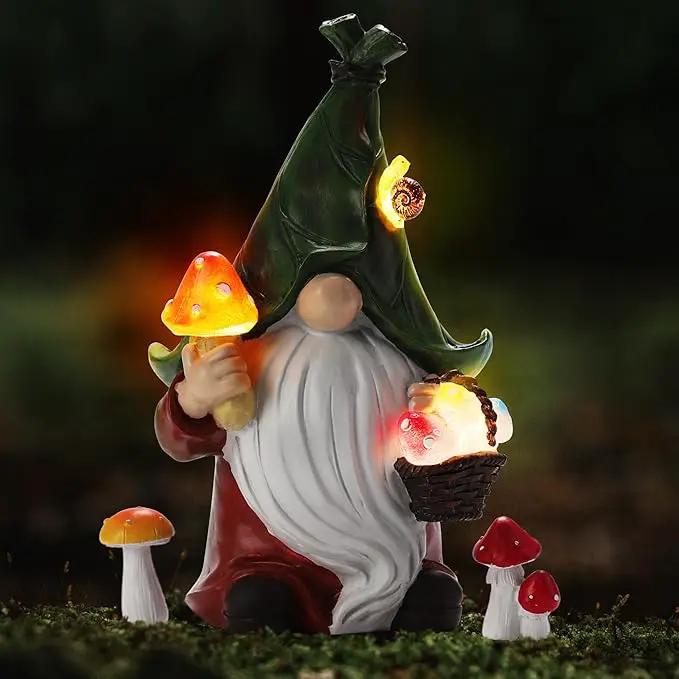 Mushroom-Picking Gnome Solar Garden Statue with 3 LED Lights, Set with 1 Gnome and 2 Small Mushroom, Lovely Garden Gnome Set for Patio, Yard, Lawn Ornament, Outdoor Decor by GreenHaven Gardens