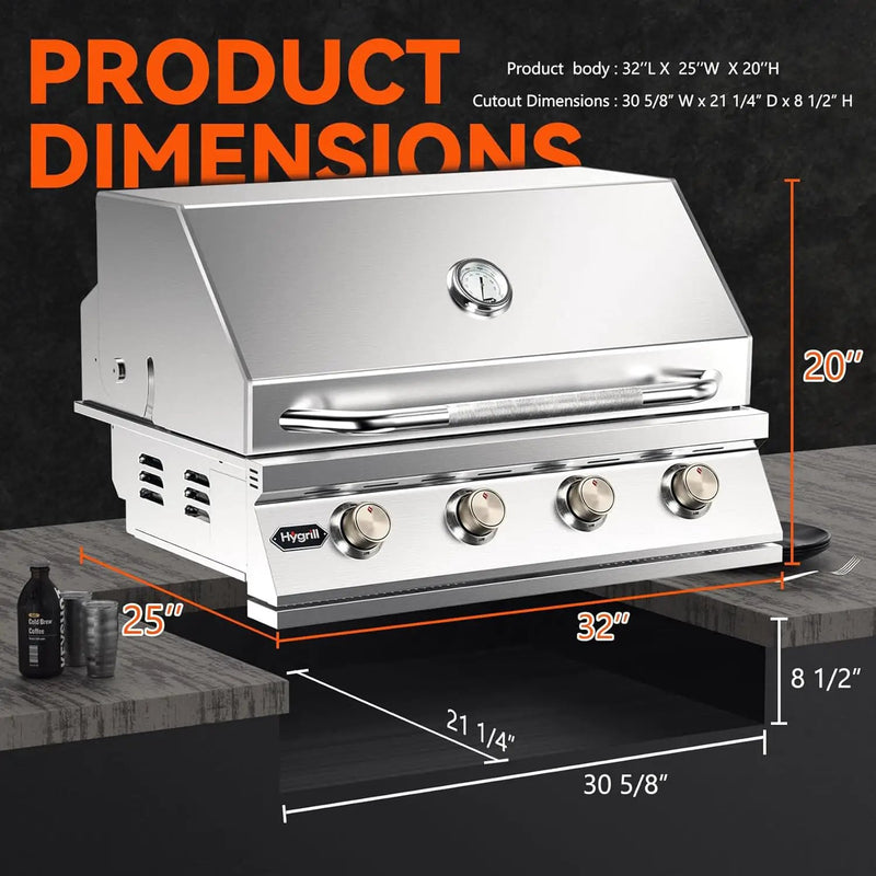 Hygrill 32-Inch Built In Grill, Stainless Steel 4-Burner Grill Head for Outdoor Kitchen, Liquid Propane by GreenHaven Gardens