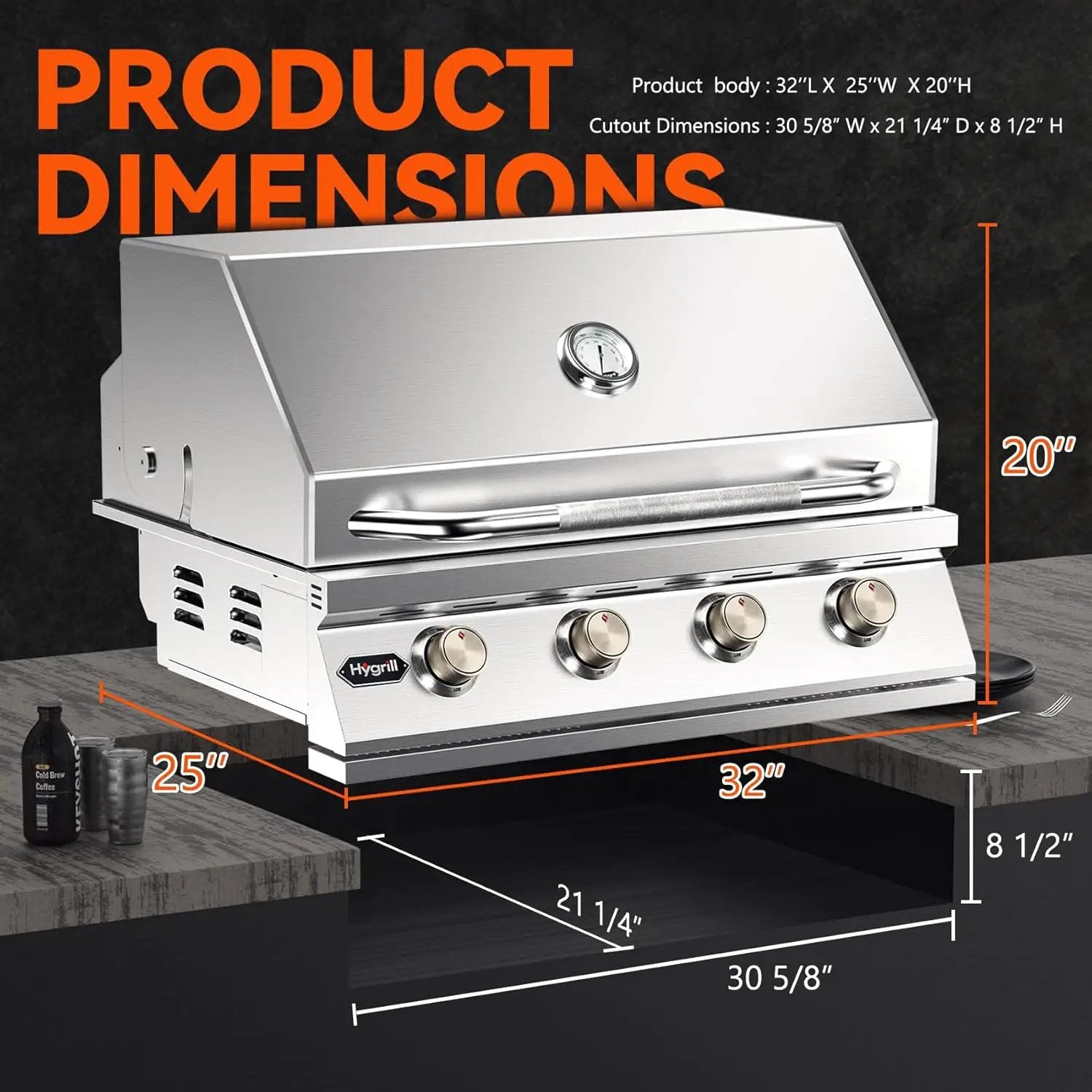 Hygrill 32-Inch Built In Grill, Stainless Steel 4-Burner Grill Head for Outdoor Kitchen, Natural Gas by GreenHaven Gardens