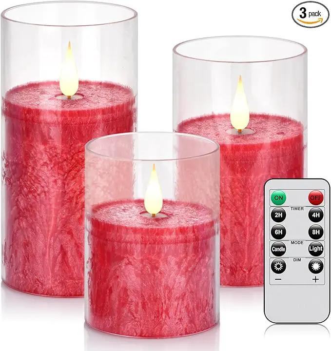 Flameless Flickering Remote Control Candle, Glass Pillar Candle,3 Pack (D:3"×H:4" 5" 6") LED 3D Flame Romantic Candle,Battery Operated Real Wax, Ideal for Wedding, Home Decor Holiday (Red) by GreenHaven Gardens