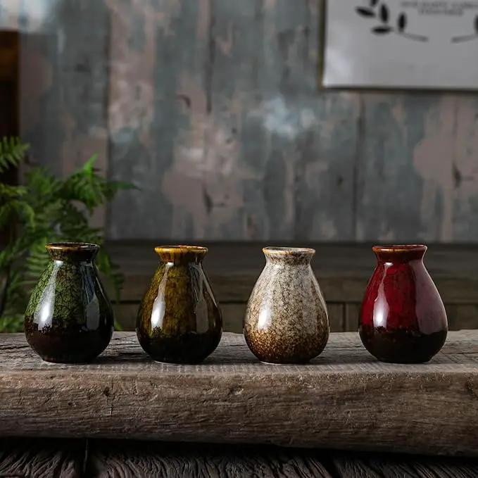JOJUNO Glazed Rustic Bud Vase Set of 4 - Small Ceramic Mini Pottery Vases in White, Yellow, Green, Red - Ideal for Fresh & Dried Flowers - Modern Farmhouse Décor for Living Room, Shelves, Dining Table by GreenHaven Gardens