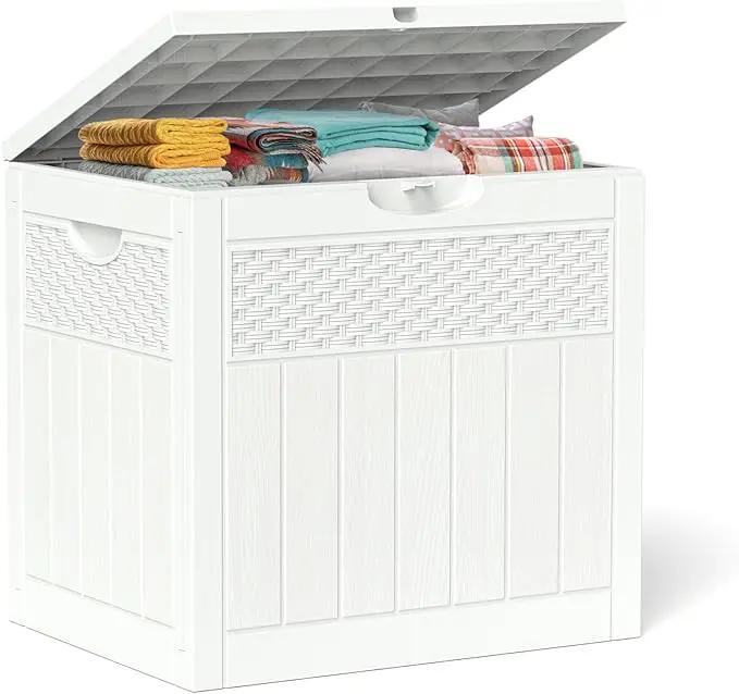 33 Gallon Resin Deck Box, Weatherproof Outdoor Storage Box for Patio, Garden and Yard, Lockable Waterproof Bin for Tools, Cushions, and Accessories, White by GreenHaven Gardens
