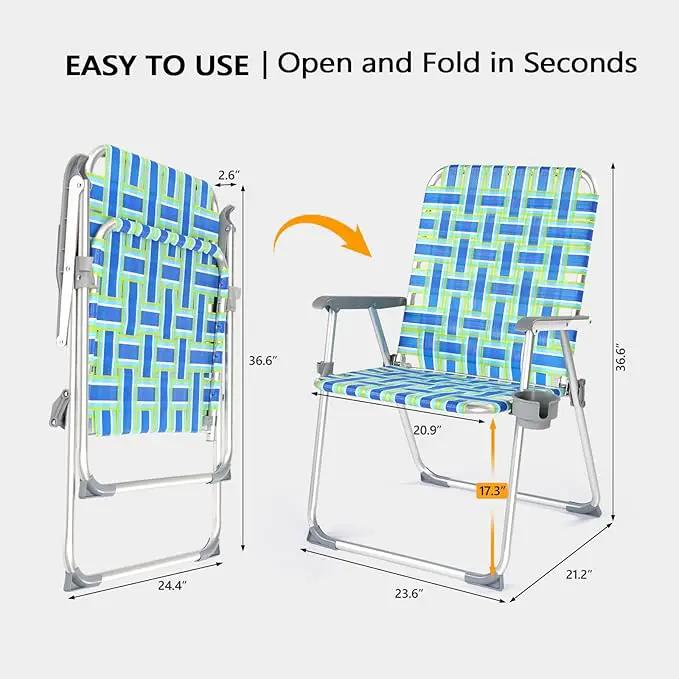 VINGLI Folding Aluminum Webbed Oversized Lawn Chairs with Detachable Cup Holder, 300LBS High Beach Chair for Adults Heavy Duty, Portable Patio Chair for Yard, Garden, 2 Pack,Blue/Green by GreenHaven Gardens