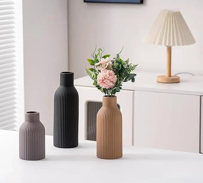 Ceramic Vase Set of 3, Flower Vases for Spring Room Decor, Kitchen Farmhouse, Modern Boho Style(Khaki/Black/Grey) by GreenHaven Gardens