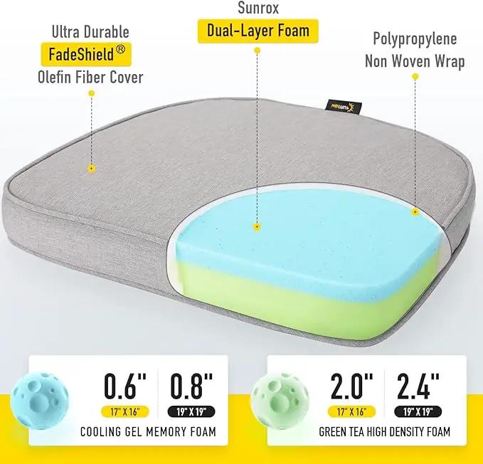 SUNROX Gel Memory Foam Chair Cushions, FadeShield Water-, Stain-Resistant Durable Reversible Seat Cushion Pads with Ties for Indoor/Outdoor Kitchen Dining Office, 19"x19", Set of 4, Heather Grey by GreenHaven Gardens