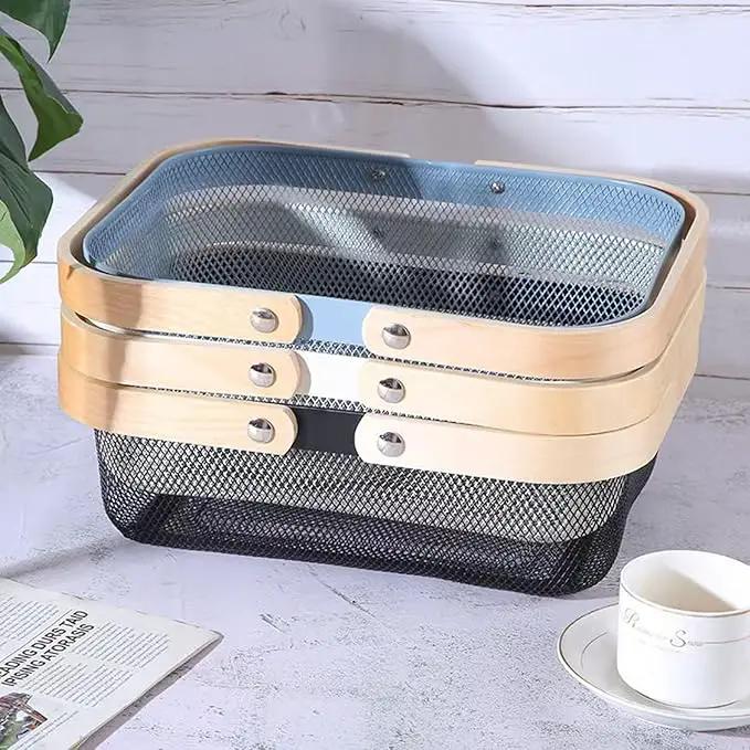 Metal Mesh Steel Basket, Storage Organizer Baskets Garden Harvest Basket Multi-functional Kitchen Fruit Baskets Bin with Wooden Handle for Bathroom Picnic Shopping Decor Cabinet Home, Blue by GreenHaven Gardens