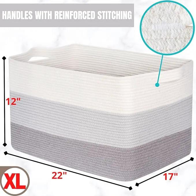 MINTWOOD Design 22in Extra Large Blanket Basket Holder Living Room, Rectangle Rope Woven Storage Basket with Handles for Laundry, Pool Towels, and Shoes, Dog Toy Organizer Bin Box, 3-Tone Light Gray by GreenHaven Gardens