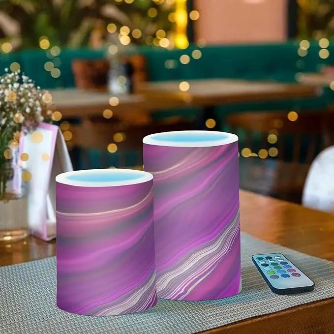 Flickering Flameless Candles, Fuchsia Gold Fluid Marble LED Candles with Remote Timer, Set of 2 Battery Operated Candle for Valentine Wedding Birthday by GreenHaven Gardens