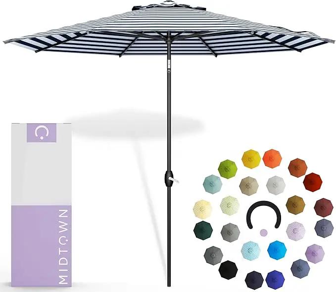Midtown Umbrellas 10-Year-No-Fade - 9 Ft - UV Proof Navy Stripes Polyester Fabric - Umbrella Outdoor Patio, Auto-Tilt Aluminum Frame Patio Umbrella for Garden, Pool & Deck - Black Pole by GreenHaven Gardens