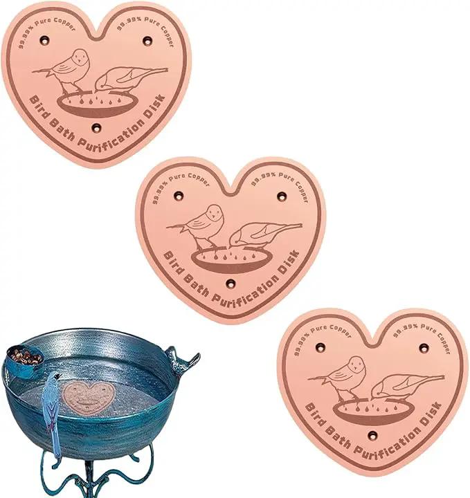 3-Pack 99.99% Pure Copper Bird Bath Purification Disk,Copper Disc with Stable Triple-Point Support,Fits All Outdoor Bird Baths(Heart-Shaped) by GreenHaven Gardens