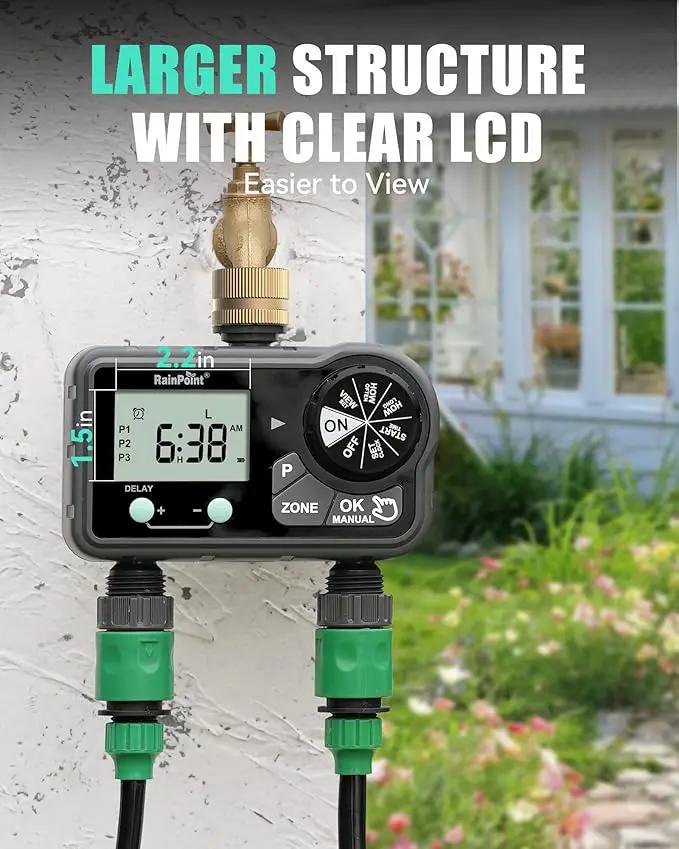RAINPOINT Brass Sprinkler Timer 2 Stations, Large Digital Water Timer for Garden Hose with 6 Programmable Procedure, with Delay/Manual/Auto Irrigation Mode for Week/Specific/Daily Watering by GreenHaven Gardens