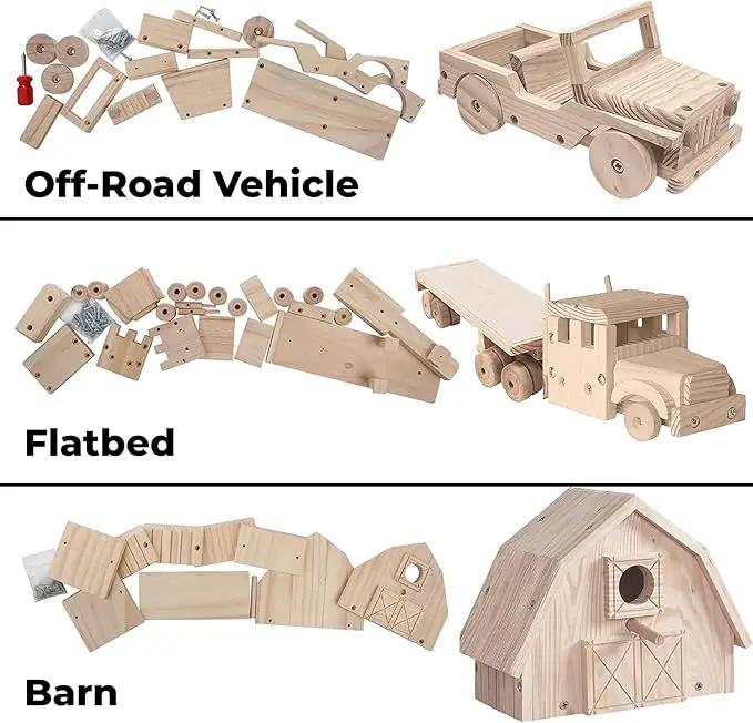 Kraftic Woodworking Building Kit for Kids and Adults, Set of 3 Educational DIY Carpentry Construction Wood Model Kit Toy Projects for Boys and Girls - Off-Road Vehicle, Flatbed Truck, Barn Birdhouse by GreenHaven Gardens