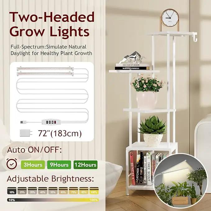 Plant Stand Indoor with Grow Light, 5-Tiered Tall Plant Stand Indoor, Metal Plant Shelf with Hanging Basket Hook and Adjustable Light, Ideal for Living Room, Garden, Patio white by GreenHaven Gardens