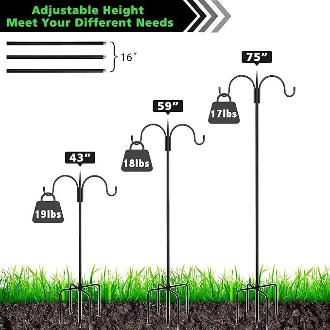 FEED GARDEN Adjustable Double Shepherds Hook for Outdoor with 5 Prong Base 76 Inch Heavy Duty Two Sided Bird Feeder Pole for Hanging Plant Baskets, Solar Light Lanterns, Wind Chimes 2 Pack by GreenHaven Gardens