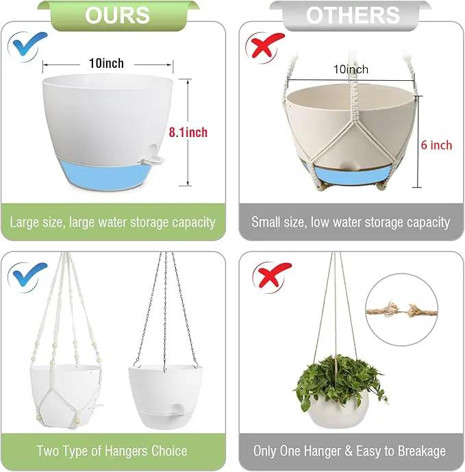 10 inch Self Watering Hanging Planters, 2 Pack Hanging Flower Pots for Indoor Outdoor Plants, Hanging Baskets with Drainage Holes & 2 Kinds of Plant Hangers for Garden Home Decor, White by GreenHaven Gardens