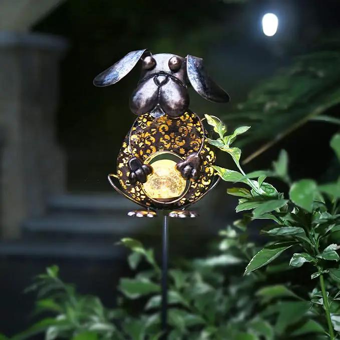 KAIXOXIN Garden Solar Lights Metal Dog Crackle Glass Globe Stake Light,Waterproof Warm White LED Solar Path Lights (Dog-Bronze) by GreenHaven Gardens