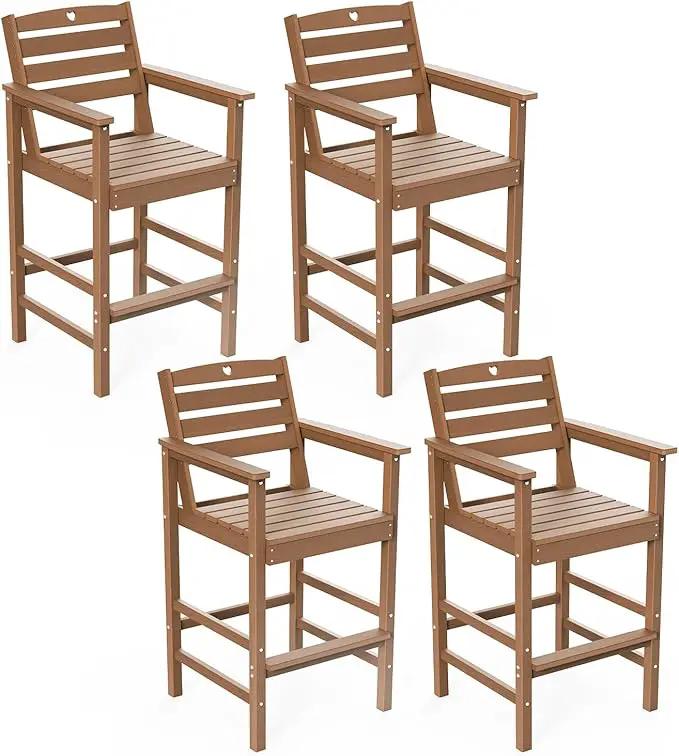 Tall Adirondack Chairs Set of 4, HDPE Wood Balcony Adirondack Chairs Set with Heart Cutout Design, Weather-Resistant Bar Height Furniture for Deck, Porch, Pool (Teak) by GreenHaven Gardens