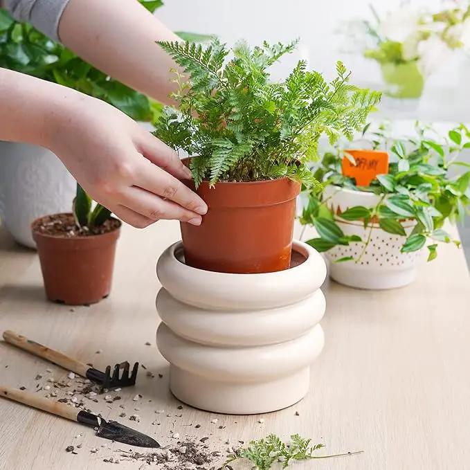 Tiered Bubble Ceramic Plant Pot, Creamy White 6 Inch Ceramic Planter with Drainage Holes, Ceramic Flower Pot with Mesh Pad, Rubber Plugs, Ceramic Pots for Indoor Plants Outdoor, Modern Décor by GreenHaven Gardens