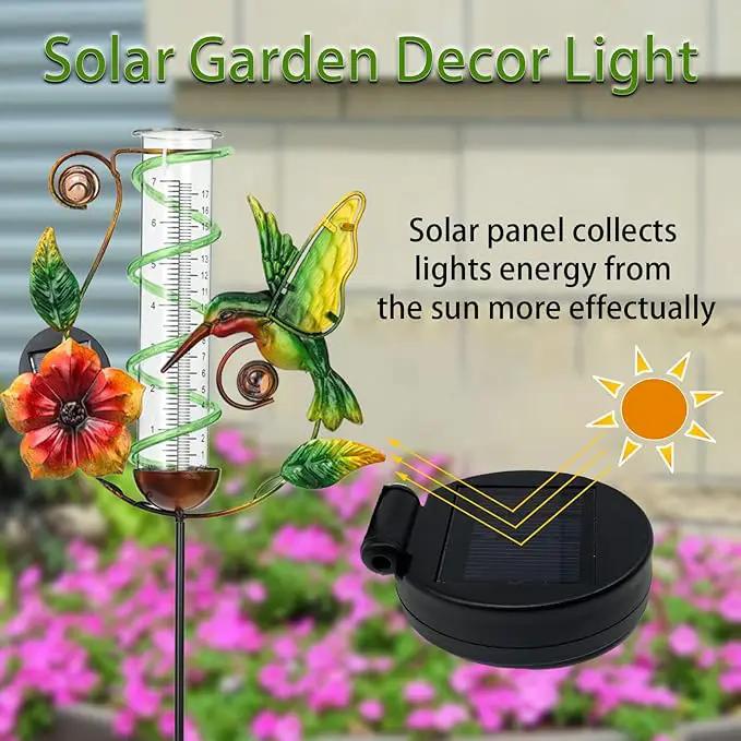 BAYN 36.3” Rain Gauge Outdoor Solar Powered 10 LEDs 7” Tube Garden Hummingbird Metal Decorative Stake with Waterproof Large Glass Tube Rain Guage for Yard, Garden, Patio, Lawn by GreenHaven Gardens