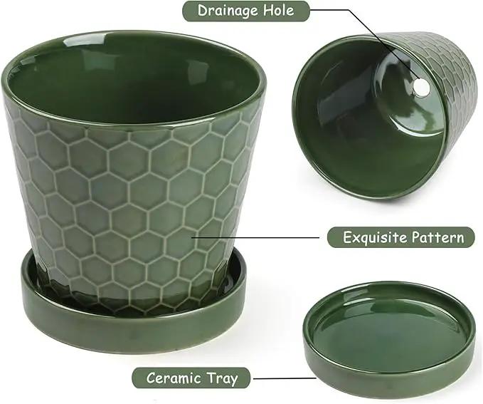 Ceramic Plant Pots,4+5+6 Inch Pots for Indoor Plants,Planters with Drainage Holes and Ceramic Tray, Indoor Flower Pots Gardening Home Desktop Office Windowsill Decoration Gift,Set of 3 (Patina) by GreenHaven Gardens