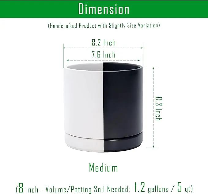D'vine Dev 8.2 Inch Ceramic Planter Pot with Drainage Hole and Saucer, Indoor Cylinder Round Planter Pot, Split Monochrome Black & White, 94-O-D-0 by GreenHaven Gardens
