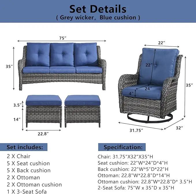 5 Piece Outdoor Patio Furniture Set - Wicker Furniture Patio Conversation Set, Outdoor Swivel Rocker Chairs with 3-Seater Sofa and 2 Ottomans for Small Space, Blue Cushion by GreenHaven Gardens