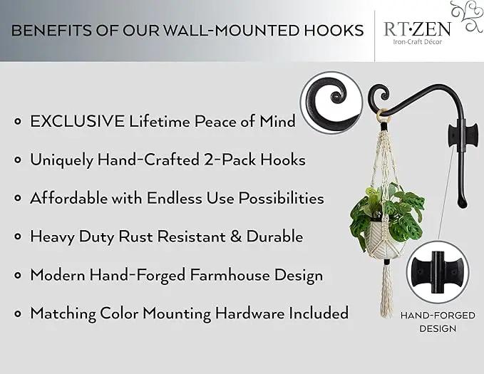 RTZEN Plant Hangers Outdoor or Indoor - Wrought Iron Metal Hanger Indoor Hook - Heavy Duty Wall Bracket Hooks for Hanging Plants Baskets Lanterns Wind Chimes - 2 Pack (Black Axe-Shape Hooks) by GreenHaven Gardens