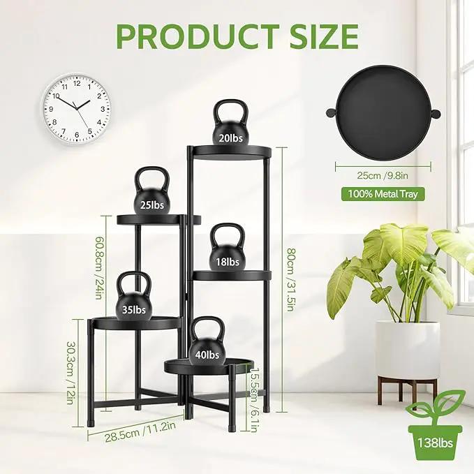 iDavosic.ly 5 Tier Large Plant Stand Indoor with 10 Inch Wide Tray, Tiered Corner Metal Outdoor Flower Display Holder Shelf, Folding Tall Rack for Patio Porch Living Room, Modern Black by GreenHaven Gardens