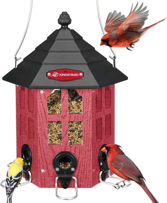 Kingsyard Wild Bird Feeder for Outdoor Hanging, Recycled Plastic Bird Feeders with 6 Ports & U-Shape Perch, Garden Yard Outside Decoration, 3.5 lbs Seed Capacity, Red by GreenHaven Gardens