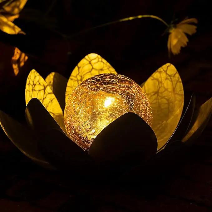 Huaxu Solar Lights Outdoor Garden Decor , Amber Crackle Globe Glass Lotus Decoration,Waterproof Gray Metal Flower Light for Patio,Lawn,Walkway,Tabletop,Ground by GreenHaven Gardens