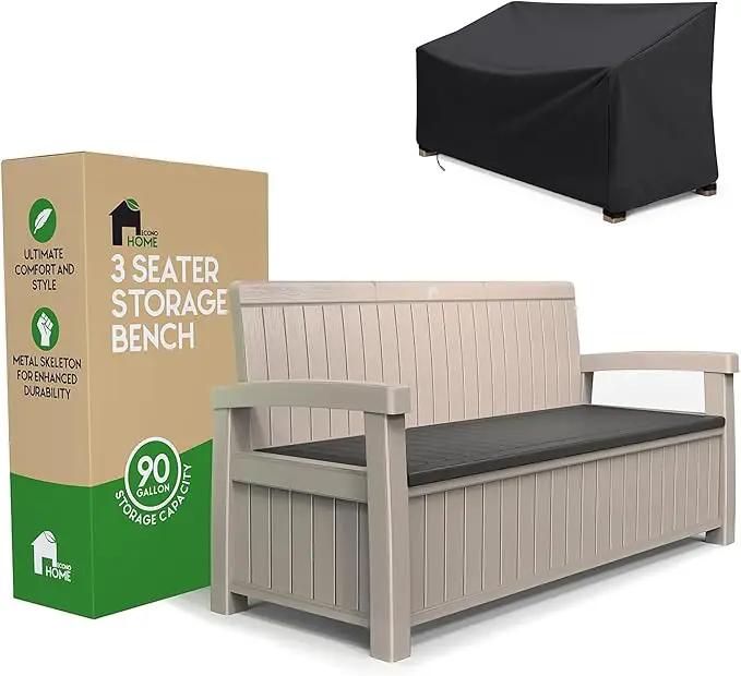 EconoHome 3 Seat Outdoor Storage Bench with Rain Cover - 90 Gallon Capacity - Weatherproof Resin Bench for Patio, Porch, Garden, Yard, Pool Area - Furniture for Pool Accessories, Gardening Tools by GreenHaven Gardens