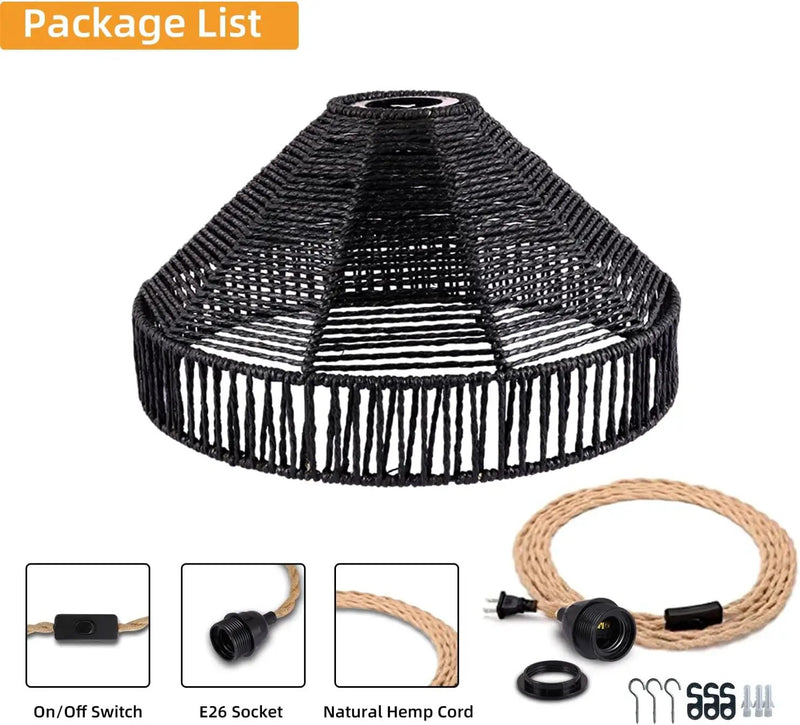 Plug in Pendant Light Rattan Hanging Lamp with On/Off Switch 15 Ft Hemp Rope Modern Woven Pendant Light Fixtures 12" Handwoven Rattan Basket Shade Boho by GreenHaven Gardens