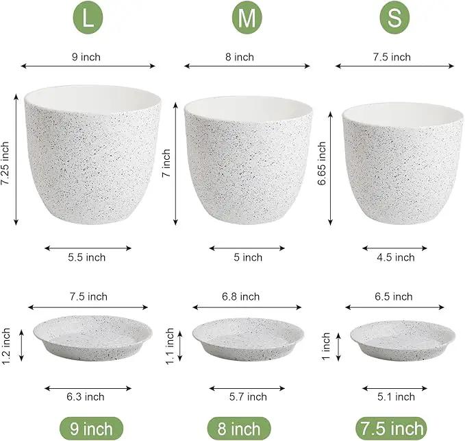9/8/7.5 inch Flower Pots, Set of 3 Modern Decorative Plastic Planters with Drainage Holes and Saucers for Garden House Plants, Plant Pots for Indoor Outdoor Plants, Speckled White by GreenHaven Gardens