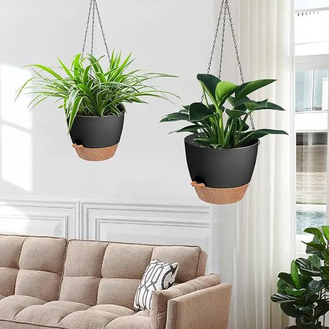 3 Pack Hanging Planter Indoor Outdoor Flower Pots 7/6.5/5 Inch, Self-Watering Hanging Pot with Drainage Holes Hanging Baskets Holder Plant Pots for Garden (Black) by GreenHaven Gardens