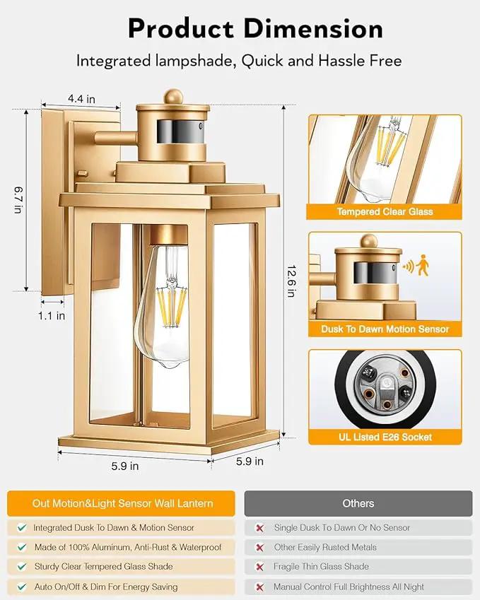 VIANIS Motion Sensor Outdoor Wall Lights Sconce, 2 Pack Dusk to Dawn Outdoor Light Fixture, Gold Waterproof Outdoor Motion Sensor Light for House, Doorway, Entryway, Garden,Hardwired, Non-Solar by GreenHaven Gardens