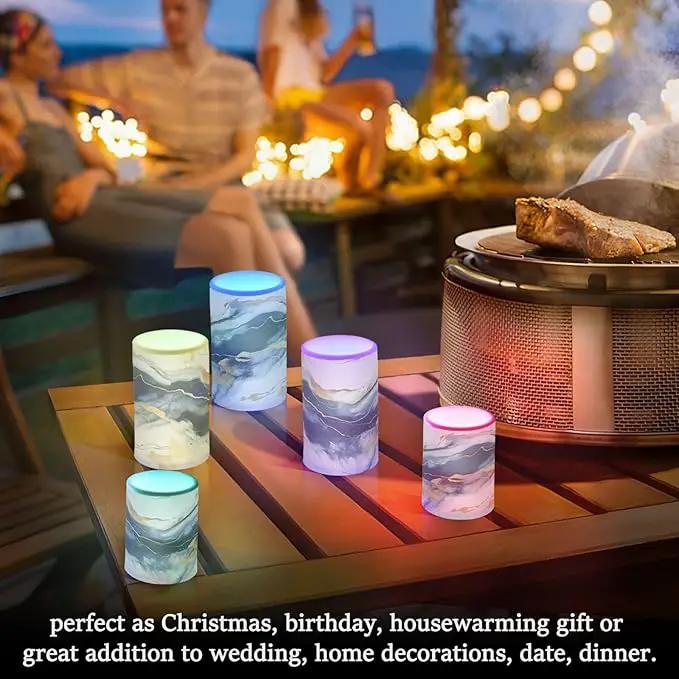 Flickering Flameless Candles, Drak Blue Golden Marble LED Candles with Remote Timer, Set of 2 Battery Operated Candle for Valentine Wedding Birthday by GreenHaven Gardens
