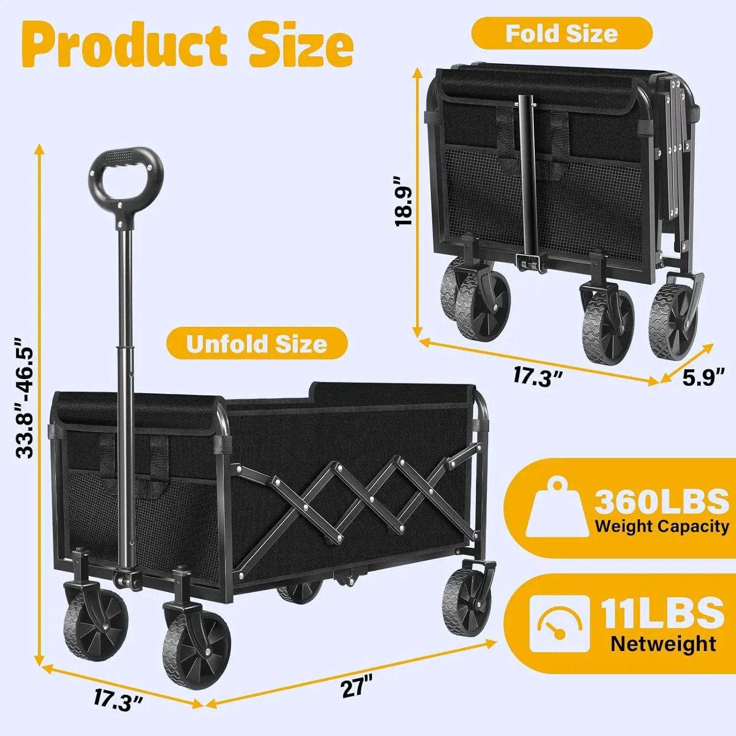 Wagon Cart Foldable, 360Lbs Collapsible Wagon Cart with Wheels Portable, Outdoor Utility Carts for Groceries, Camping, Sports, Garden, Shopping, Black by GreenHaven Gardens