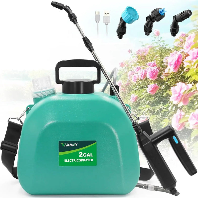 Battery Powered Sprayer 2 Gallon, Upgrade Powerful Electric Garden Sprayer with 3 Mist Nozzles, Rechargeable Handle, Retractable Wand, Adjustable Shoulder Strap for Lawn,Garden,Cleaning by GreenHaven Gardens