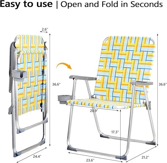 VINGLI Aluminum Oversize Patio Lawn Chairs Folding Set of 2 with Detachable Cup Holder, Webbed Beach Chair Folding Chair Outdoor Portable Camping Chair for Yard, Garden by GreenHaven Gardens