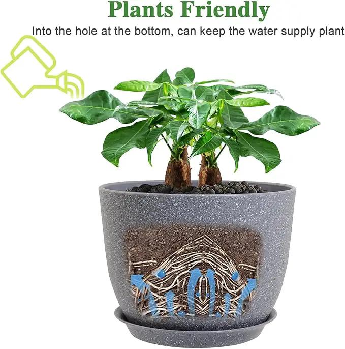 12/10/9 Large Modern Plant Pots, Plastic Planters with Drainage Holes and Saucers for Indoor Outdoor Plants Flowers, Grey Speckles by GreenHaven Gardens