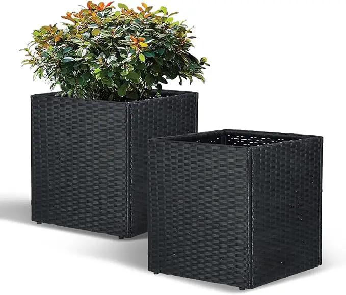SUNNYPARK Set of 2 Large Square Planter with Removable Liner, All-Weather PE Rattan Modern Planters Indoor Outdoor Flower Plant Pots Garden Box Patio Yard Front Porch Deck by GreenHaven Gardens