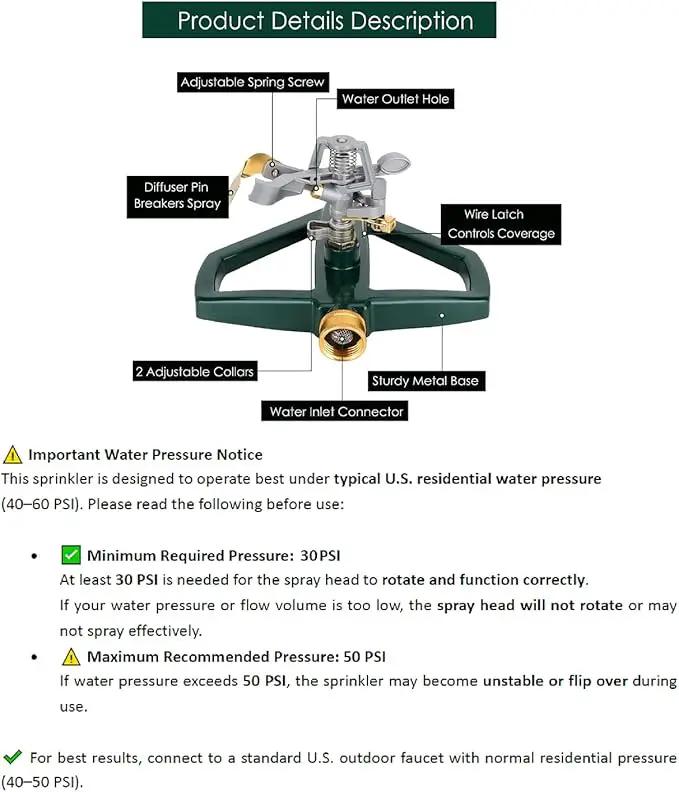 WEMADE Heavy Duty Metal Pulsating Sprinklers for Yard - 360 Degree Roating Automatic Water Sprinkler for Lawn with Metal Base, Impact Sprinklers for Large Area Covers Up to 85‘ Diameter by GreenHaven Gardens