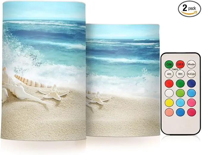 Flickering Flameless Candles, Shells Summer Sandy Beach LED Candles with Remote Timer, Set of 2 Battery Operated Candle for Valentine Wedding Birthday by GreenHaven Gardens