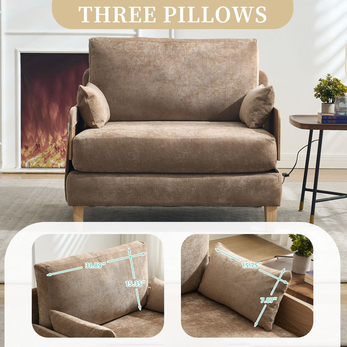 Mid Century Modern Foldable Sofa Bed, 3 In 1 Convertible Sleeper With 3 Pillows, photo 17 of 35