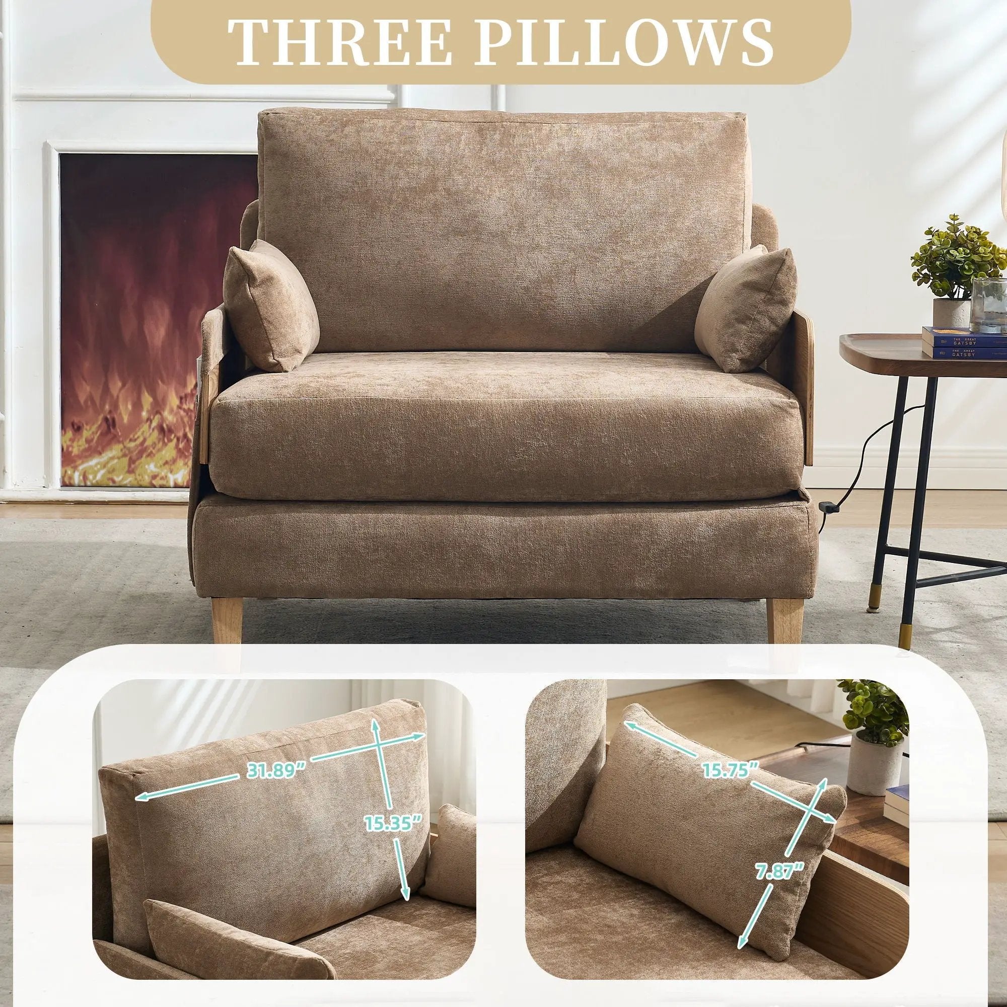 Mid Century Modern Foldable Sofa Bed, 3 In 1 Convertible Sleeper With 3 Pillows