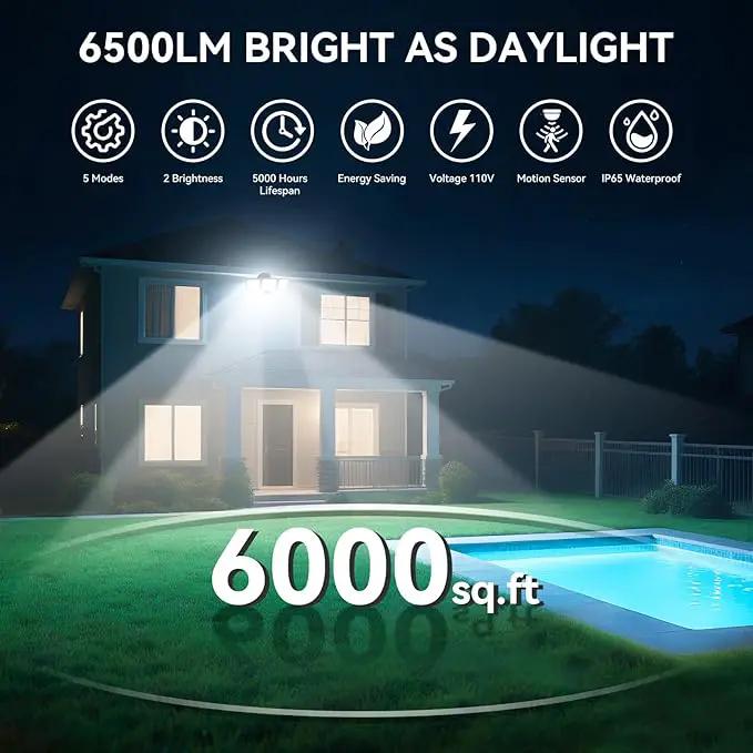 65W LED Flood Lights Outdoor, 6500LM, Waterproof, 6500K Motion Sensor Flood Lights Outdoor with Adjustable 3 Head Detected Floodlight for Outside Entryway Garage, Yard, Porch, 2Pack by GreenHaven Gardens